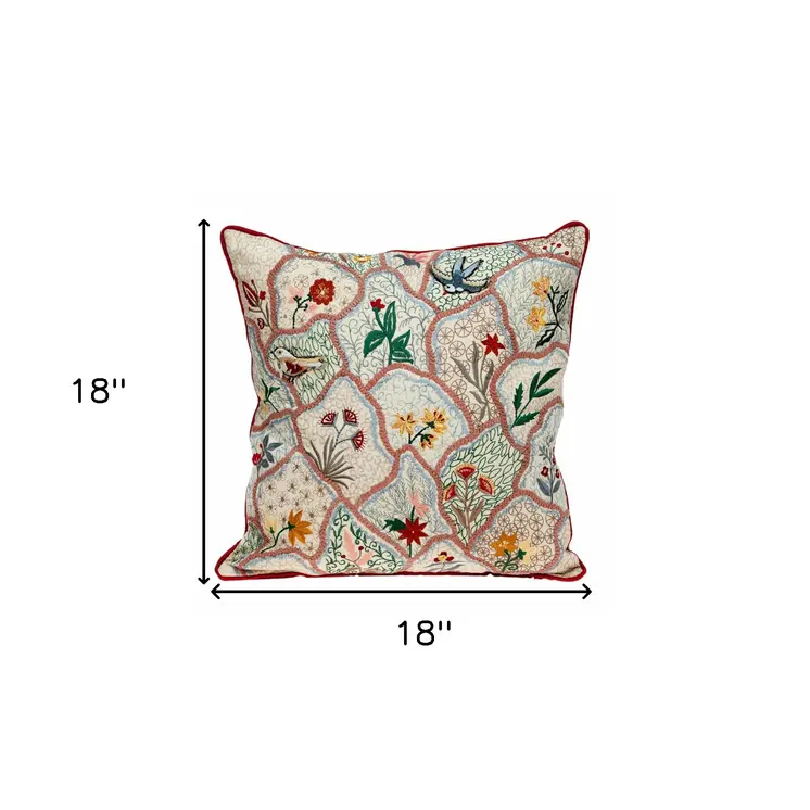 18" Beige Blue and Green Cotton Throw Pillow With Embroidery