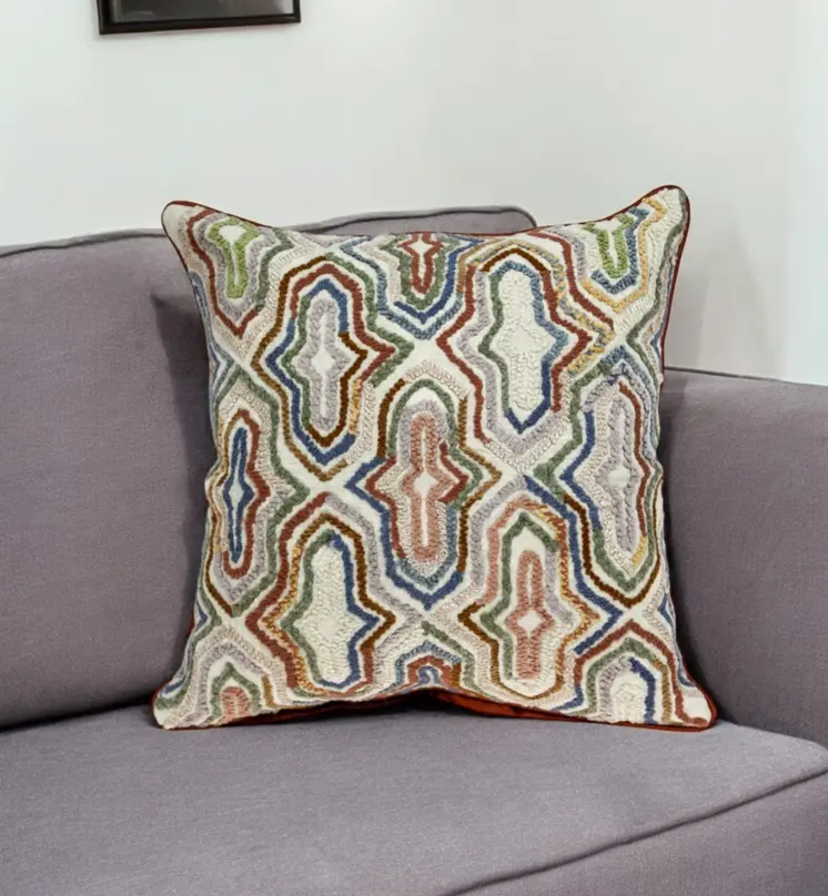 18" Beige and Brown Cotton Throw Pillow With Embroidery