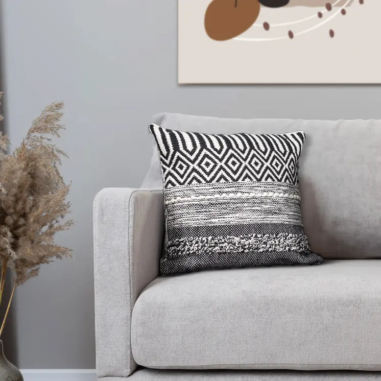 18" Beige and Black Cotton Throw Pillow With Embroidery
