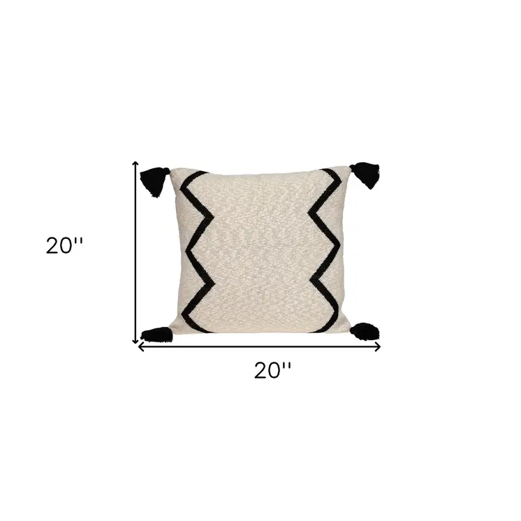 20" x 20" Black and Cream Zigzag Pattern Square Accent Throw Pillow with Tassel