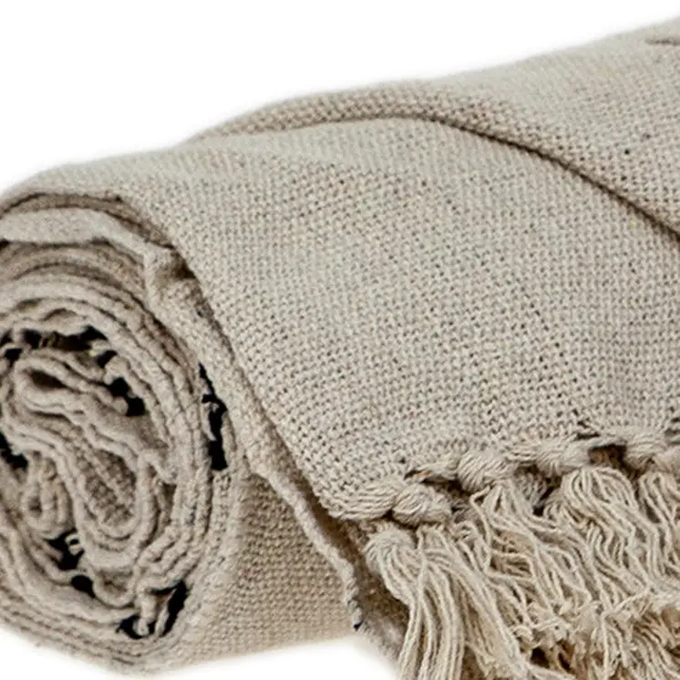 52" X 67" Beige and Black Woven Cotton Striped Throw Blanket with Tassels