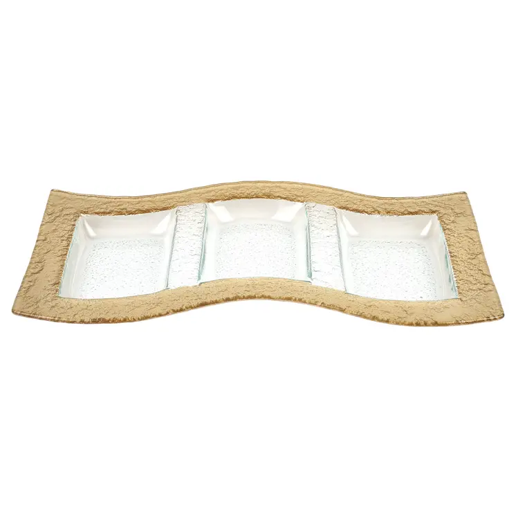 17" Clear And Gold Rectangular Glass Handmade Divided Serving Dish