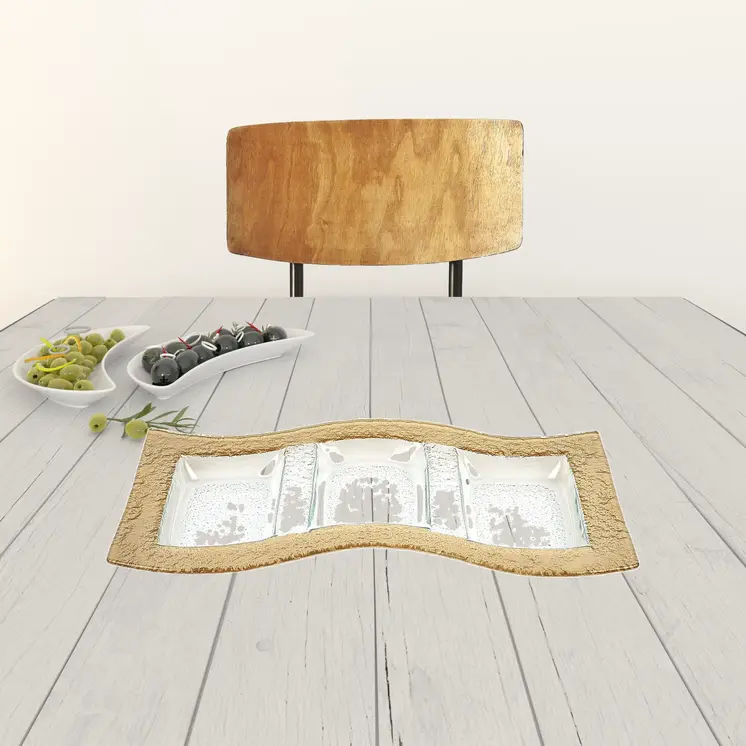17" Clear And Gold Rectangular Glass Handmade Divided Serving Dish