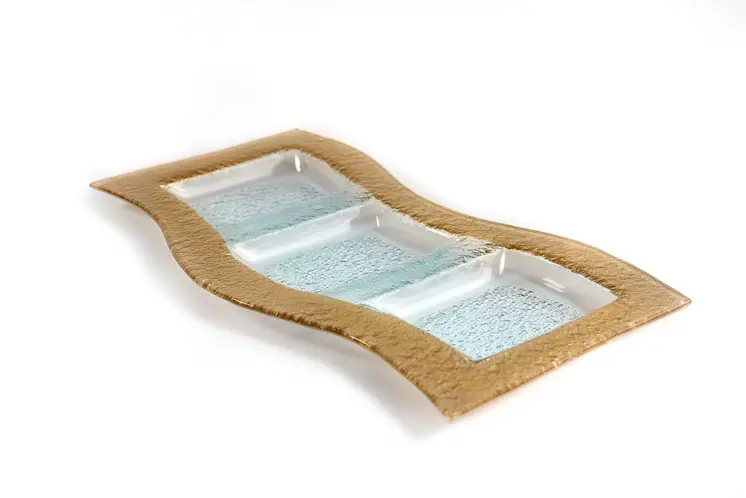 17" Clear And Gold Rectangular Glass Handmade Divided Serving Dish