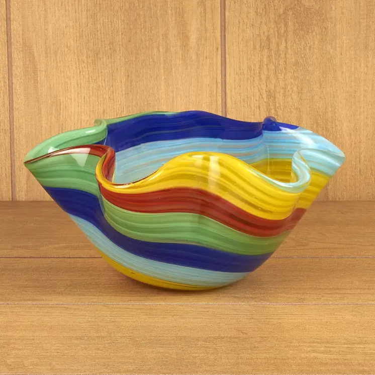 8" Rainbow Murano Glass Wavy Serving Bowl