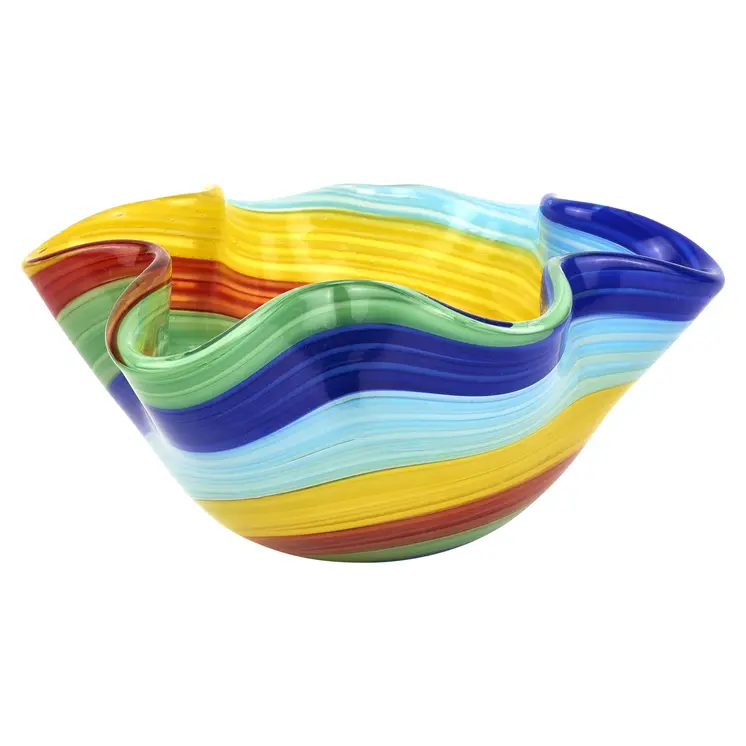 8" Rainbow Murano Glass Wavy Serving Bowl