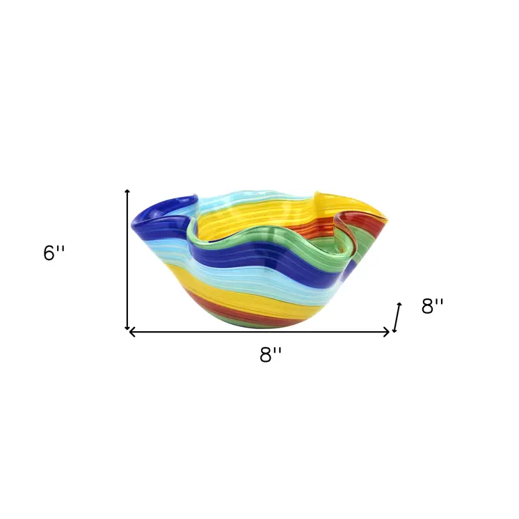 8" Rainbow Murano Glass Wavy Serving Bowl