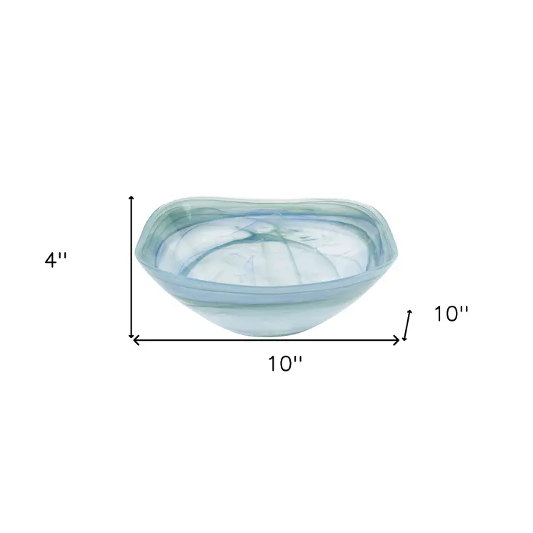 10" Aqua Blue And White Alabaster Glass Square Salad Bowl