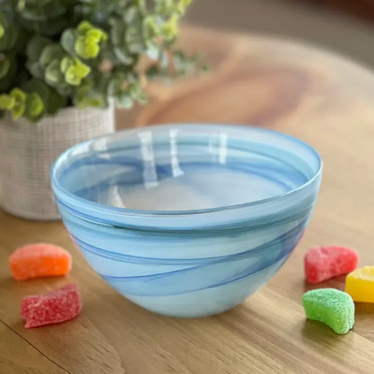 Set of Two 6" Aqua Blue And White Alabaster Glass Round Candy or Nut Bowls