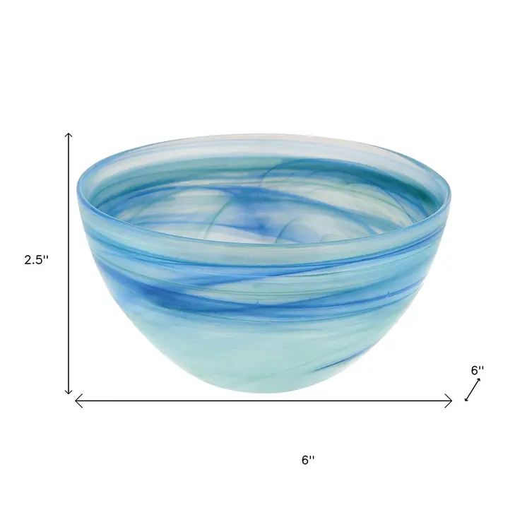 Set of Two 6" Aqua Blue And White Alabaster Glass Round Candy or Nut Bowls
