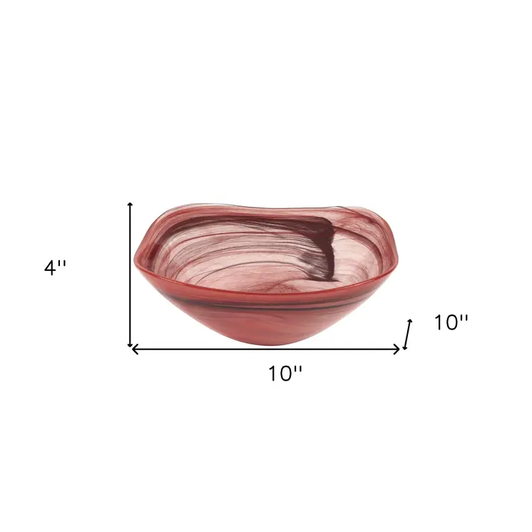 10" Red And White Alabaster Glass Square Salad Bowl