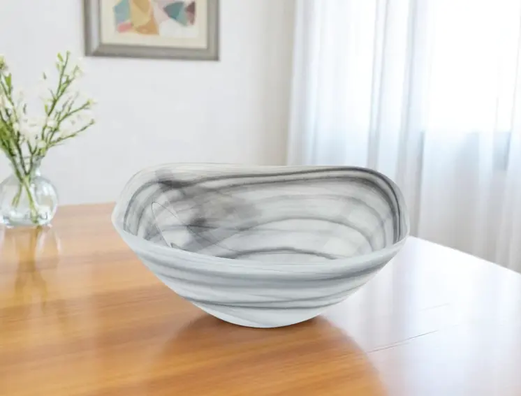10" Gray And White Alabaster Glass Square Salad Bowl
