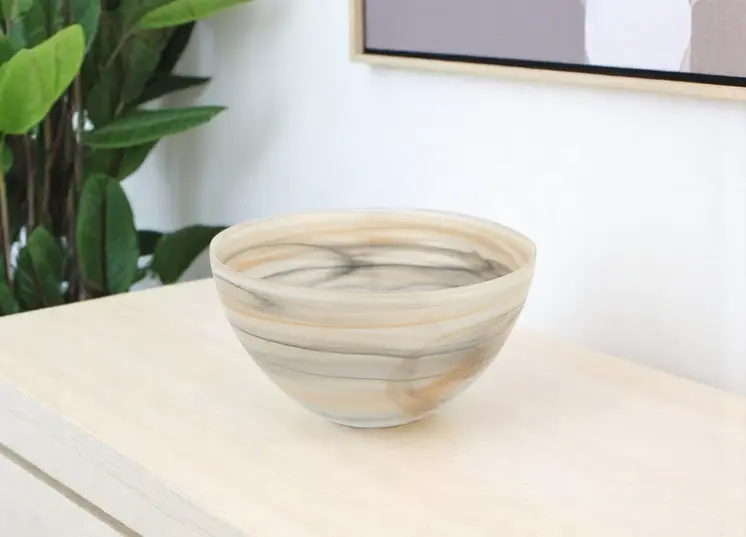6" Taupe And White Alabaster Glass Round Candy or Nut Bowl