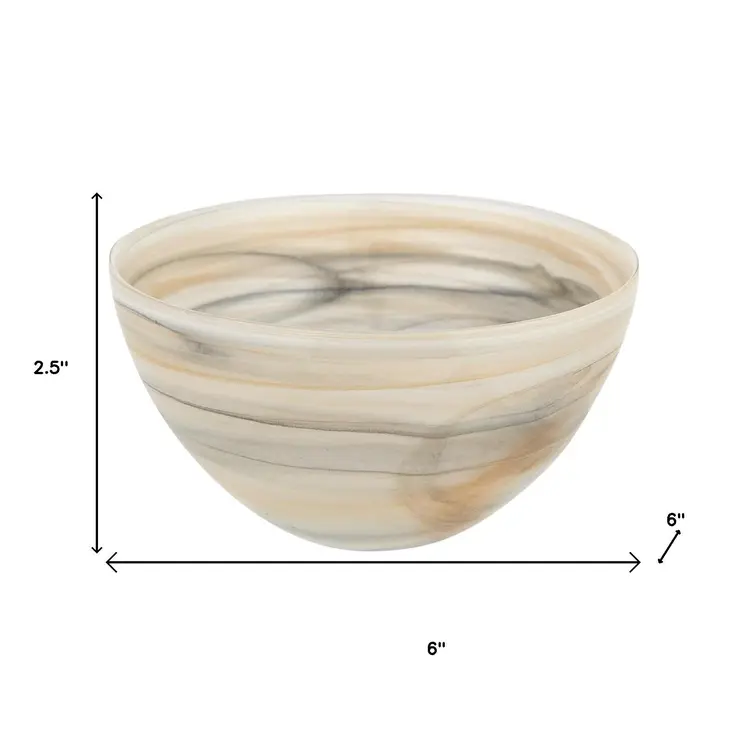 6" Taupe And White Alabaster Glass Round Candy or Nut Bowl