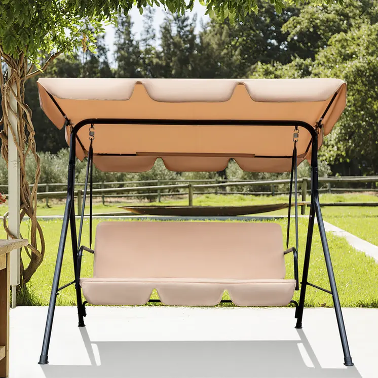 65" Beige Steel Outdoor Swing Chair with Beige Cushion