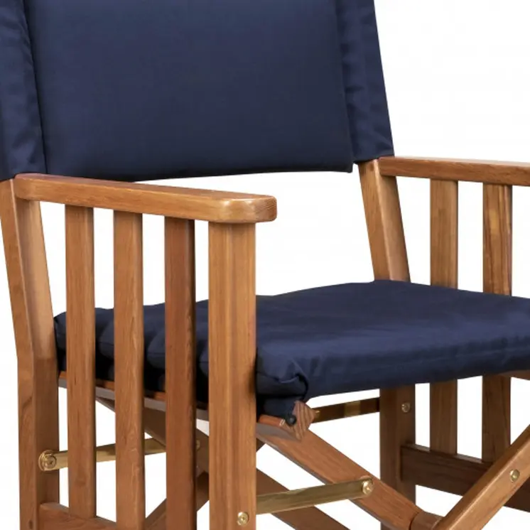 20" Navy Blue and Natural Wood Solid Wood Indoor Outdoor Director Chair with Navy Blue Cushion