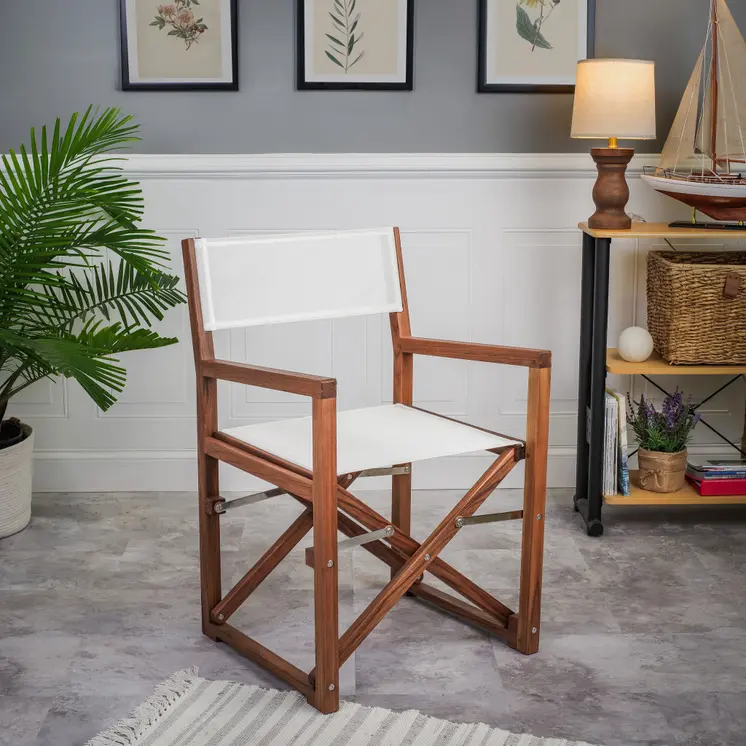 23" White and Natural Wood Solid Wood Indoor Outdoor Director Chair