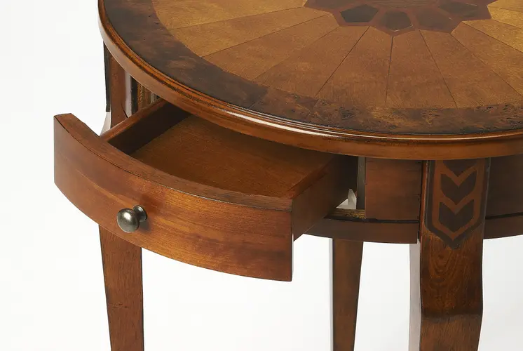 24" Medium Brown And Olive Ash Manufactured Wood Round End Table With Drawer
