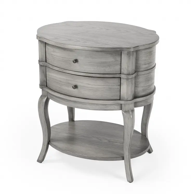 26" Gray Wood Oval End Table With Two Drawers And Shelf