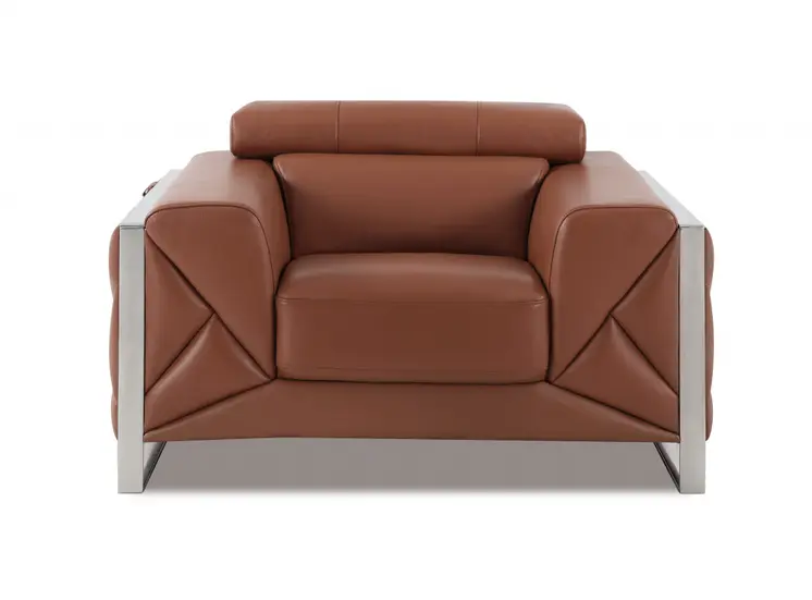48" Camel And Silver Italian Leather Arm Chair