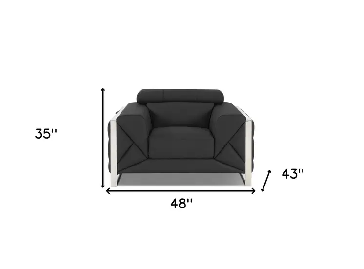 48" Dark Slate Gray And White Italian Leather Arm Chair