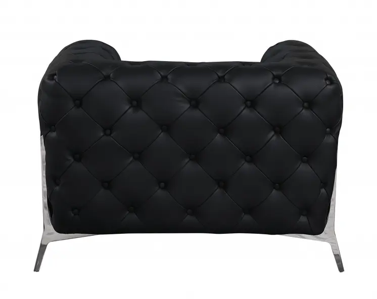 45" Black And Silver Italian Leather Tufted Chesterfield Chair