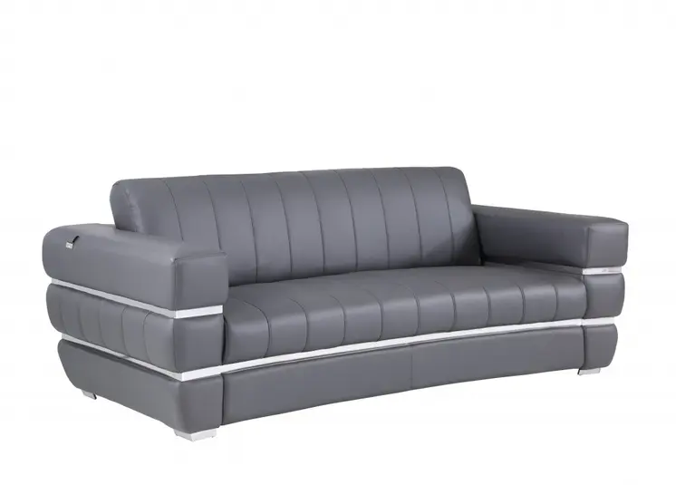89" Dark Gray Italian Leather Sofa With Silver Legs