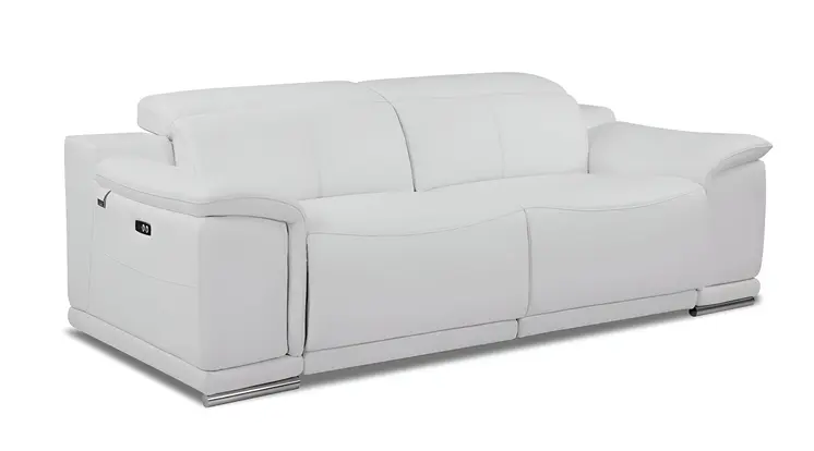 86" White Italian Leather USB Reclining Sofa With Silver Legs