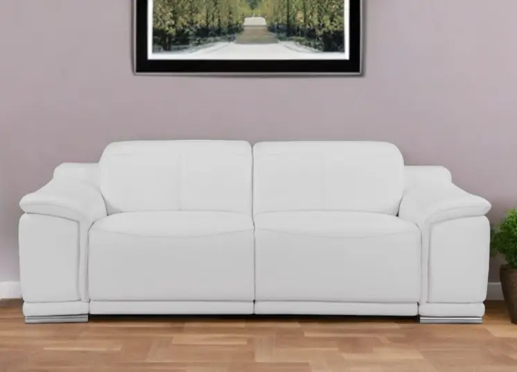86" White Italian Leather USB Reclining Sofa With Silver Legs