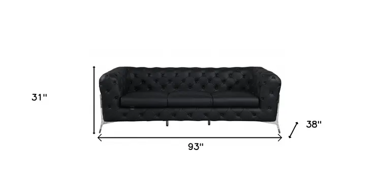 93" Black Italian Leather Chesterfield Sofa With Silver Legs
