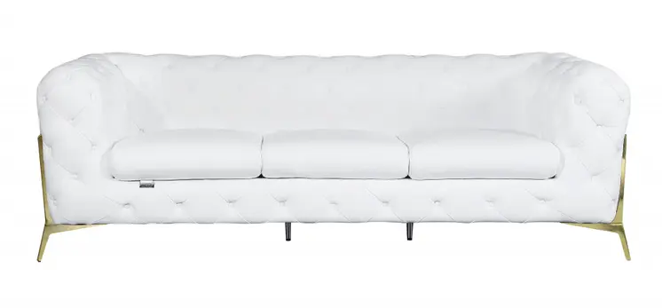 93" White Italian Leather Chesterfield Sofa With Silver Legs
