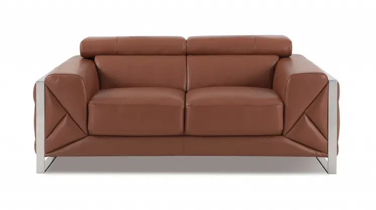 Two Piece Indoor Camel Italian Leather Five Person Seating Set