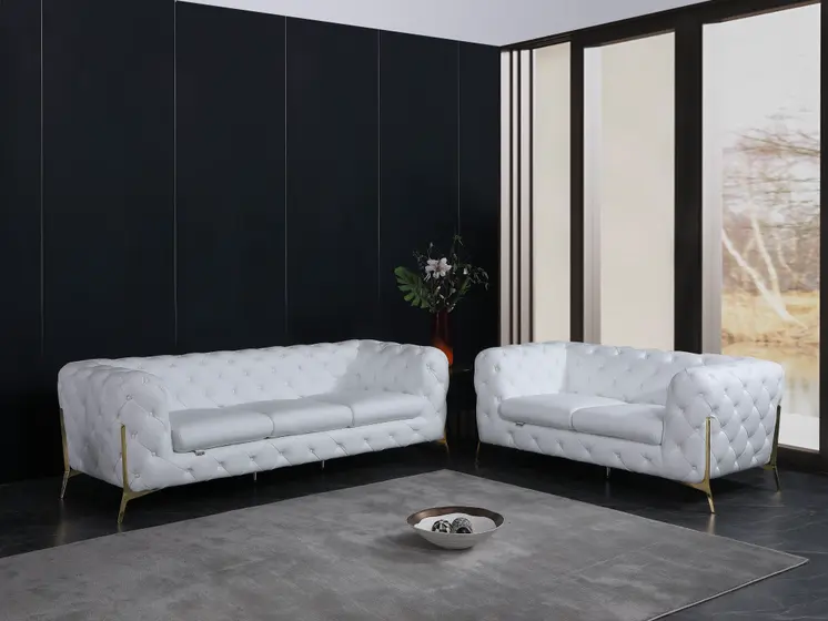 Two Piece Indoor White Italian Leather Five Person Seating Set