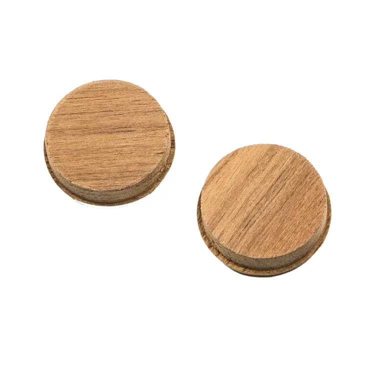 Set of Two Brown Wood Recessed Round Drawer Pull Knobs