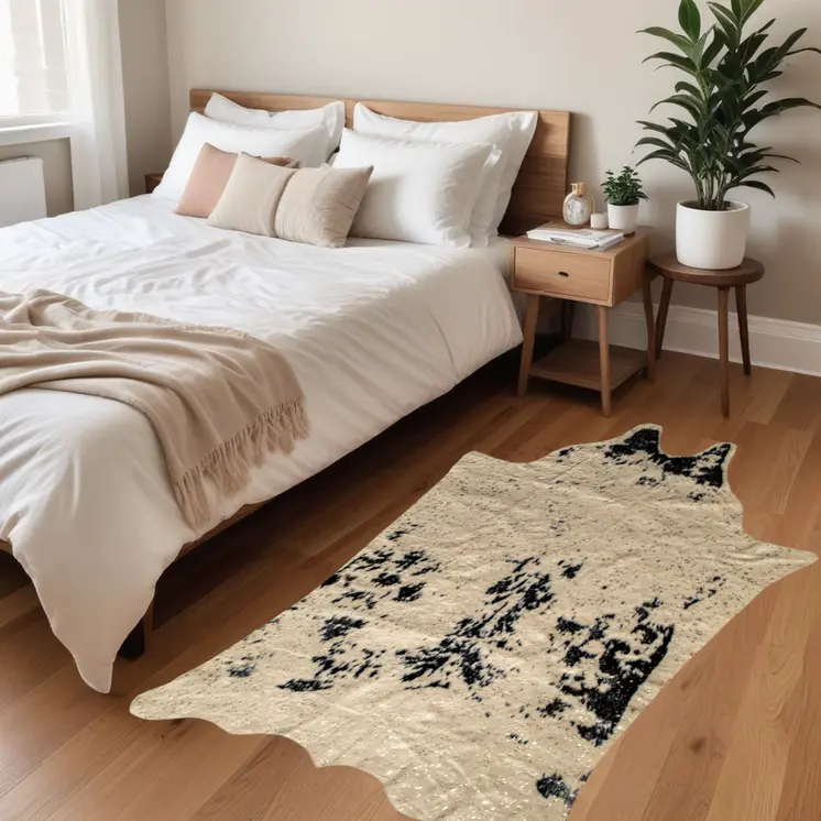 4' X 5' Off White Black And Gold Faux Cowhide Non Skid Area Rug