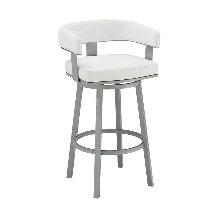 26" White and Gray Faux Leather and Iron Low Back Counter Height Swivel Bar Chair