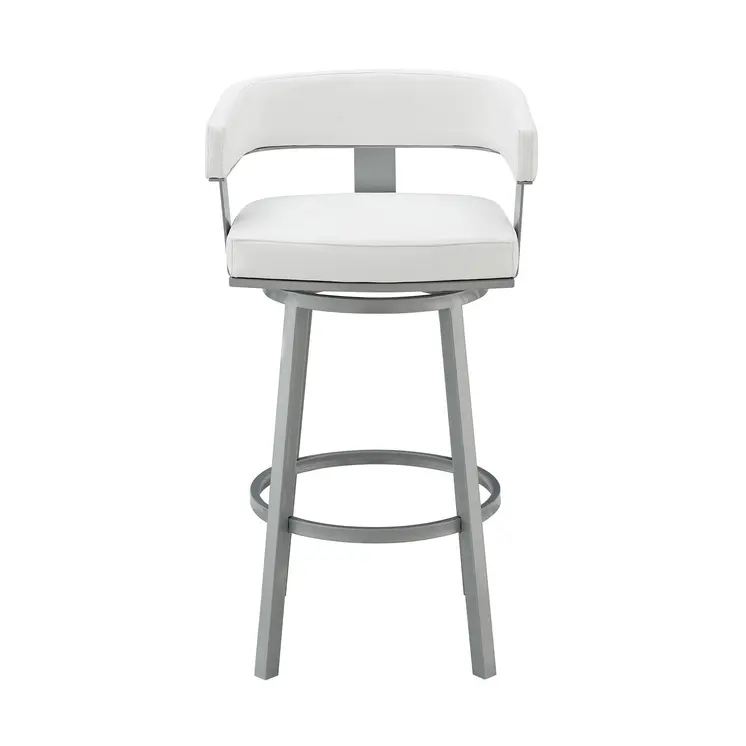 26" White and Gray Faux Leather and Iron Low Back Counter Height Swivel Bar Chair