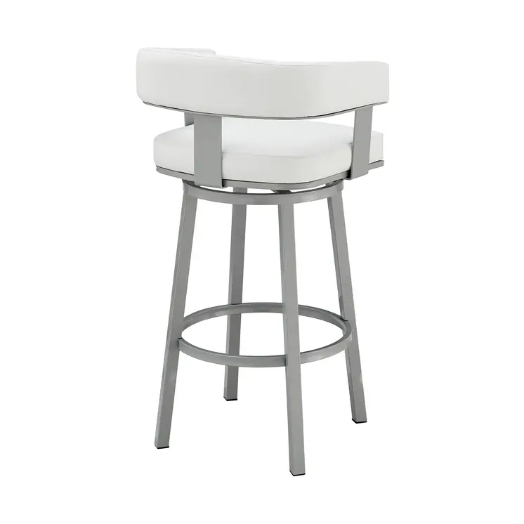 30" White And Gray Faux Leather And Iron Swivel Low Back Bar Height Bar Chair