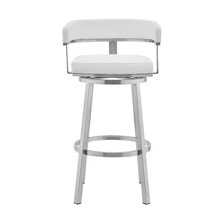 26" White And Silver Faux Leather And Stainless Steel Low Back Counter Height Swivel Bar Chair