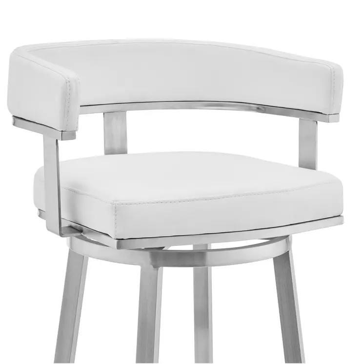 26" White And Silver Faux Leather And Stainless Steel Low Back Counter Height Swivel Bar Chair
