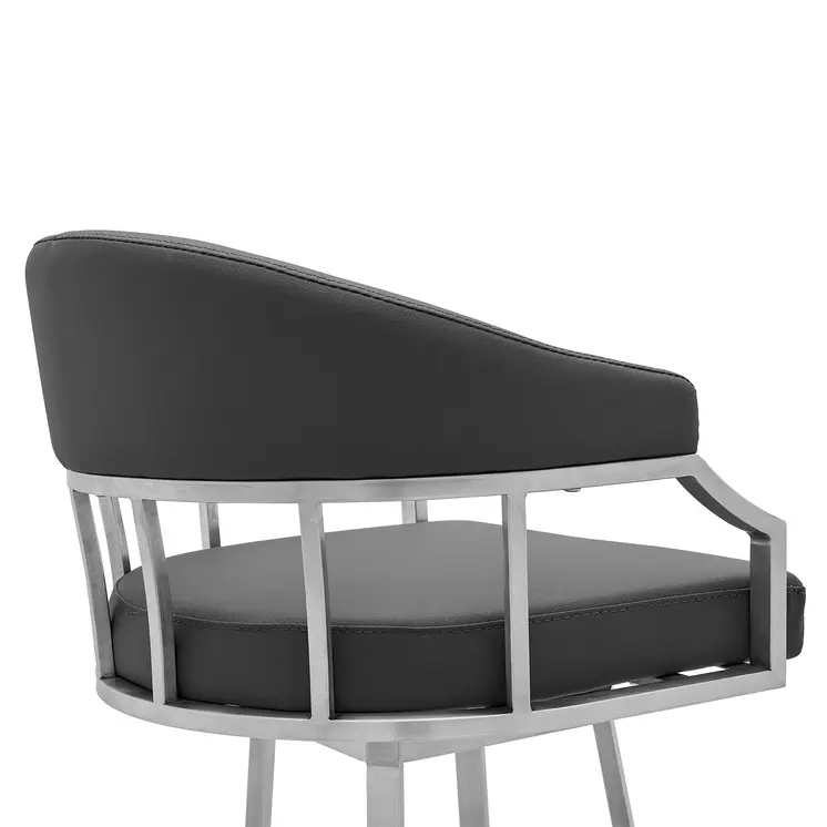 30" Gray And Silver Faux Leather And Iron Swivel Low Back Bar Height Bar Chair