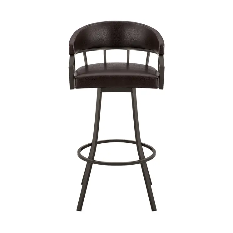 30" Brown Faux Leather And Iron Swivel Low Back Bar Height Bar Chair