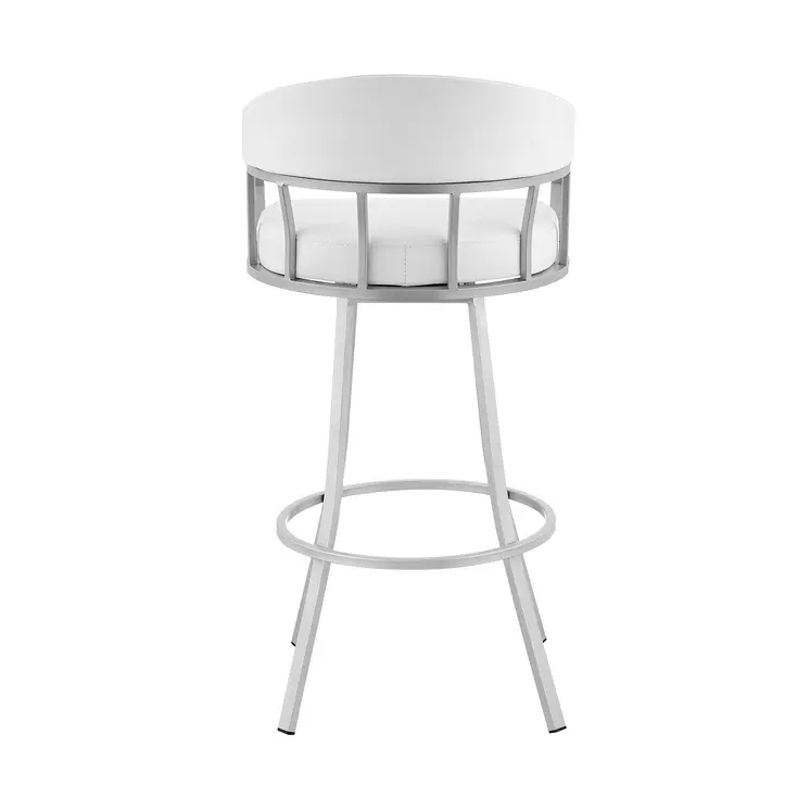 30" White And Silver Faux Leather And Iron Swivel Low Back Bar Height Bar Chair