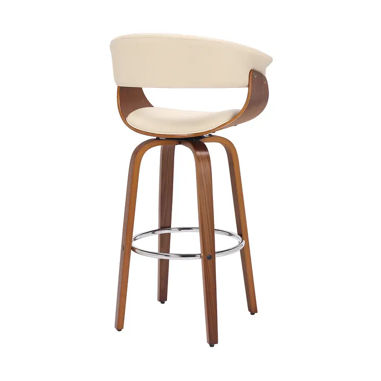 27" Cream and Brown Faux Leather and Solid Wood Low Back Counter Height Swivel Bar Chair
