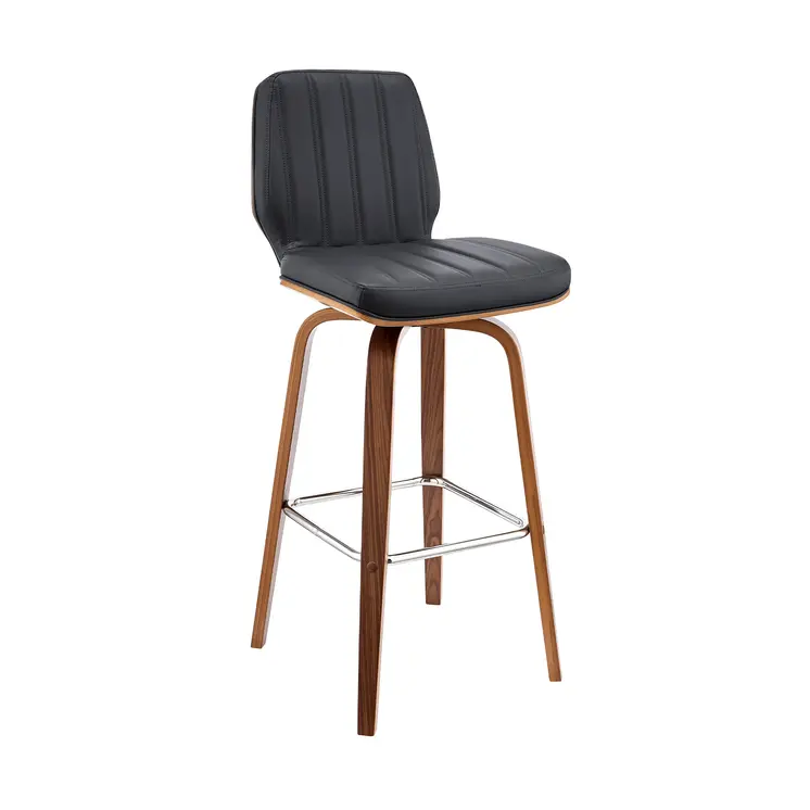 30" Gray and Brown Faux Leather and Solid and Manufactured Wood Bar Height Swivel Bar Chair