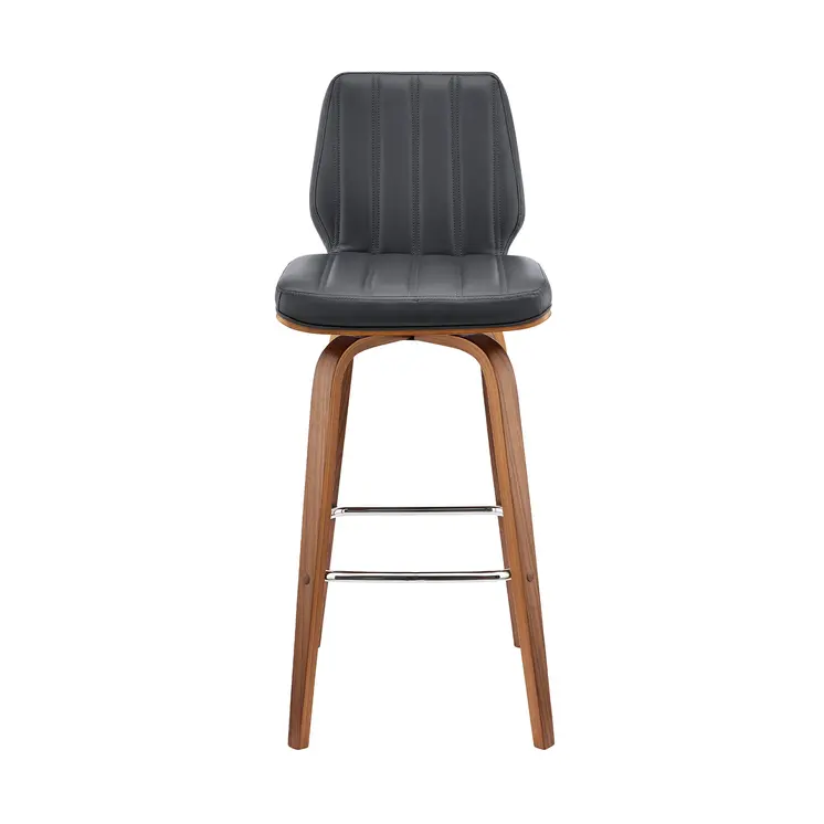 30" Gray and Brown Faux Leather and Solid and Manufactured Wood Bar Height Swivel Bar Chair