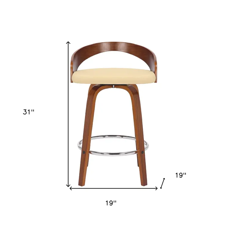 26" Cream and Brown Faux Leather and Solid Wood Low Back Counter Height Swivel Bar Chair