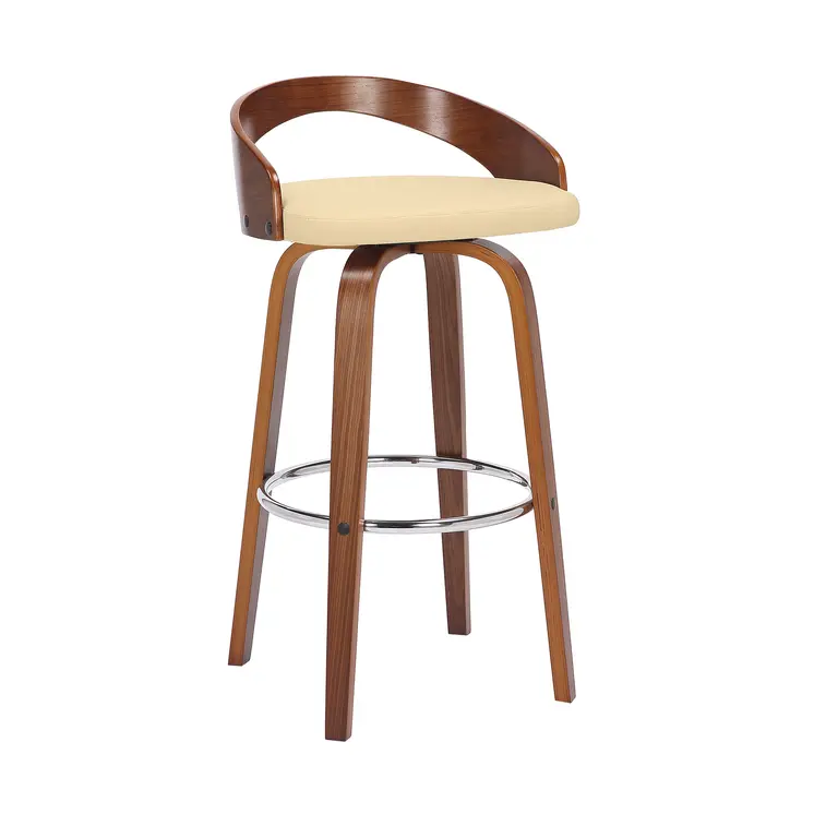 30" Cream And Brown Faux Leather And Solid Wood Swivel Low Back Bar Height Bar Chair