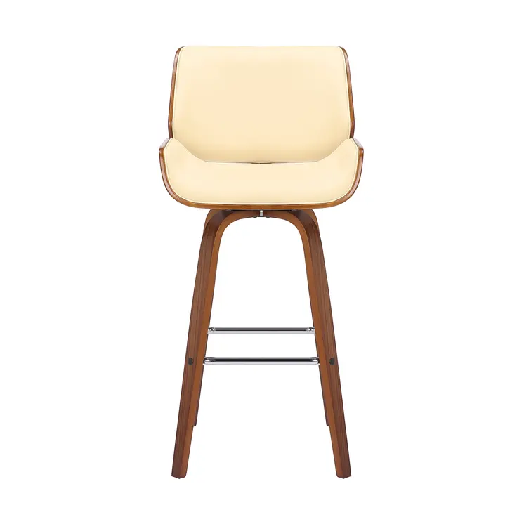 26" Cream And Brown Faux Leather And Solid Wood Swivel Counter Height Bar Chair