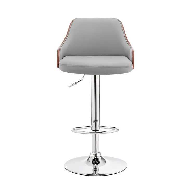 Gray And Silver Faux Leather And Iron Adjustable Height Swivel Bar Chair